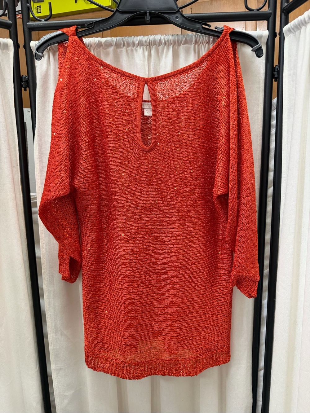 Boston Proper Orange Open-Knit Off-Shoulder Sweater with Sequins